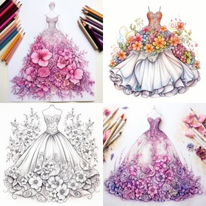 Fashion Coloring Pages: Relax and Color with these Beautiful Couture Floral Themed Dresses - 30 Unique Designs to Color | Instant Download