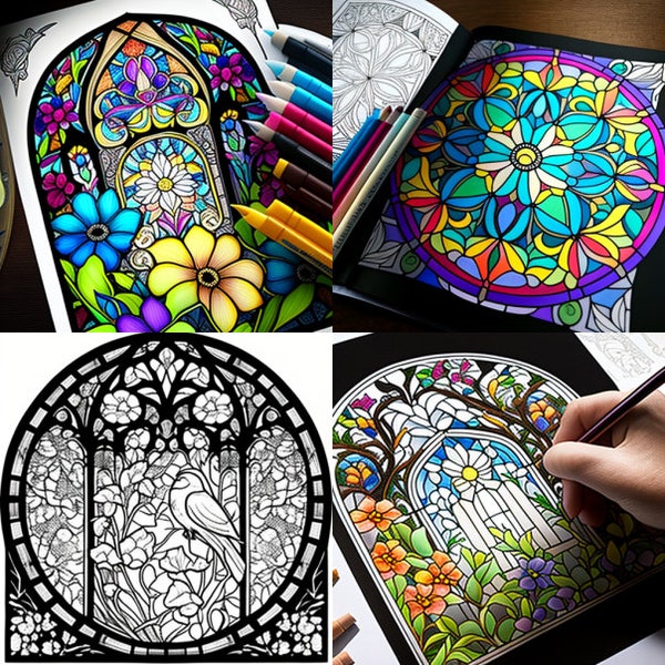 Stained Glass Coloring Book : An Adult Coloring Book of 50 Stained Glass Patterns To Color!! | Instant Download  | Stained Glass Coloring