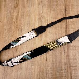 Personalized crane and pine ukulele strap with leather ends | vintage, cool and classic uke strap/ukulele belt, valentines day gift