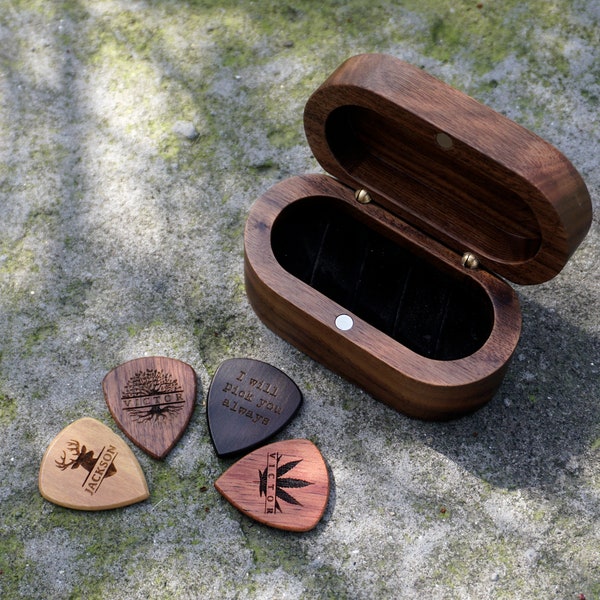 Personalized Wooden Guitar Picks holder box, guitar pick case with engraving and inlay, Custom Guitar Pick Kit, Holder Box for Picks