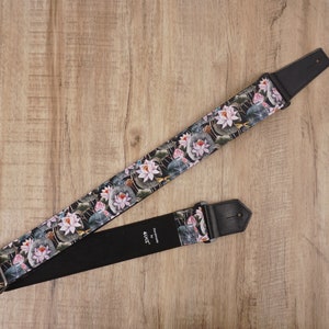 Personalized Lotus flower guitar strap with leather ends for acoustic guitar, electric guitar and bass guitar, mothers day gift