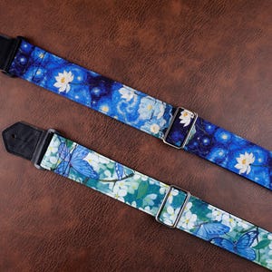 Personalized floral garden guitar strap, lotus, butterfly,leather ends for acoustic guitar, electric guitar and bass, mothers day gift image 1