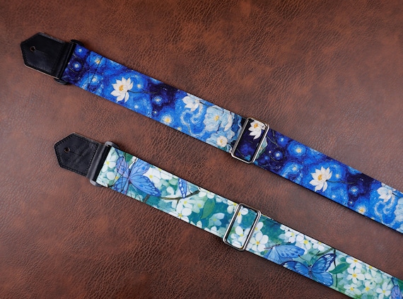 Personalized floral garden guitar strap, lotus, butterfly,leather ends for acoustic guitar, electric guitar and bass, mothers day gift