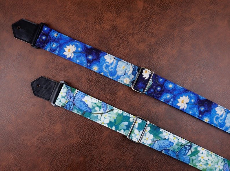 Personalized floral garden guitar strap, lotus, butterfly,leather ends for acoustic guitar, electric guitar and bass, mothers day gift image 1