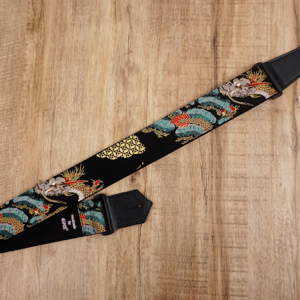 Personalized dragon guitar strap with leather ends for acoustic guitar, electric guitar and bass guitar | vintage, cool guitar belt