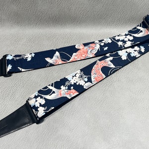 Personalized koi fish and sakura guitar strap with leather ends Red fish