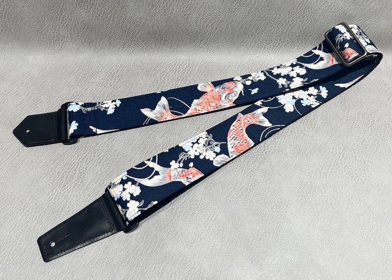 Personalized koi fish and sakura guitar strap with leather ends Red fish