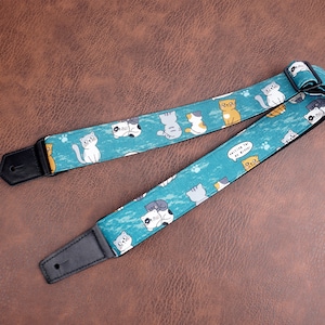 Personalized cute cat ukulele strap with leather ends
