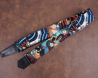 Personalized samurai anime guitar strap with leather ends for acoustic guitar, electric, and bass guitar, graduation gift