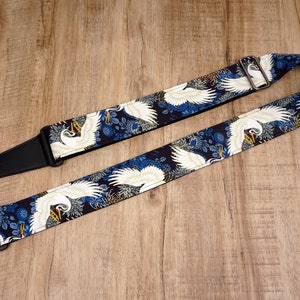 Personalized crane and chrysanthemums guitar strap with leather ends | for acoustic guitar, electric, and bass guitar, graduation gift blue crane garden