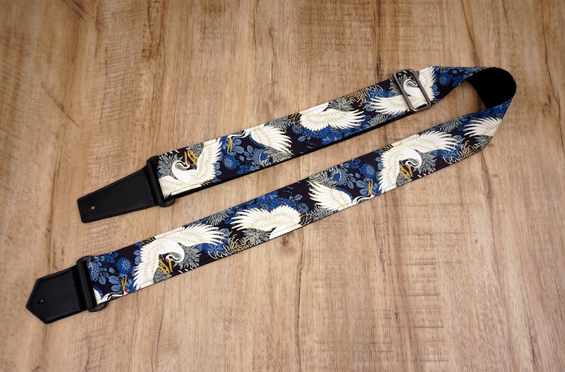 Personalized crane and chrysanthemums guitar strap with leather ends | for acoustic guitar, electric, and bass guitar, graduation gift blue crane garden