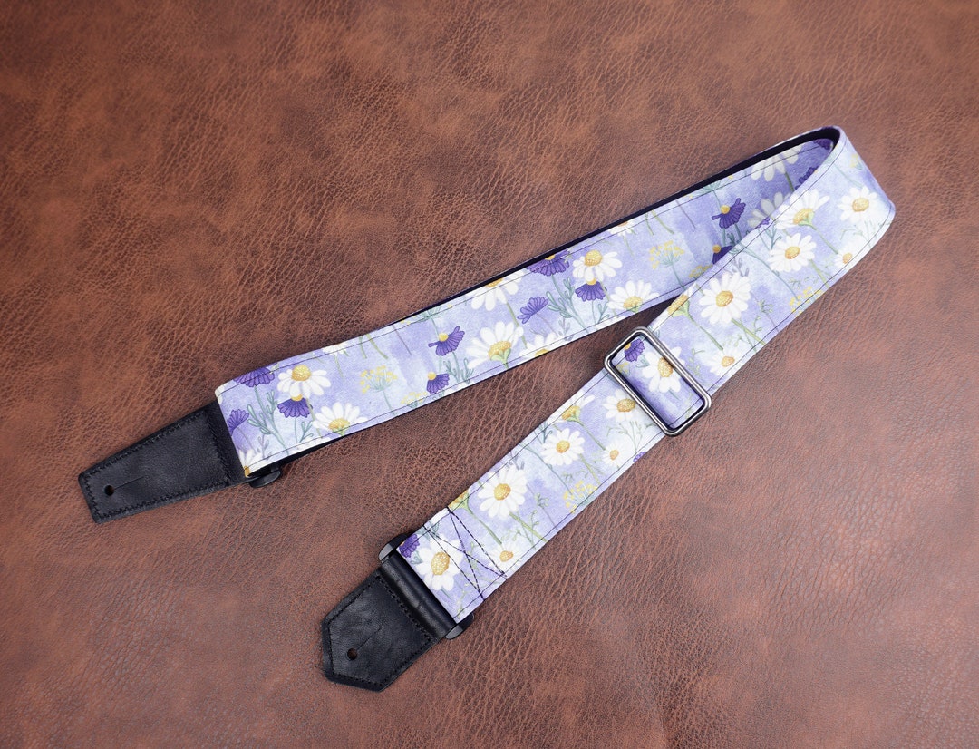 Personalized Purple Daisy Guitar Strap With Leather Ends Etsy
