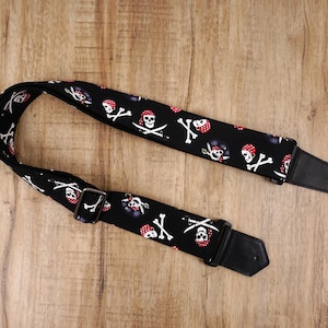 Personalized Pirate on black guitar strap with leather ends for acoustic guitar, electric guitar and bass guitar, fathers day gift