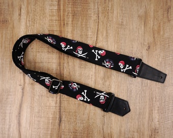 Personalized Pirate on black guitar strap with leather ends for acoustic guitar, electric guitar and bass guitar, fathers day gift