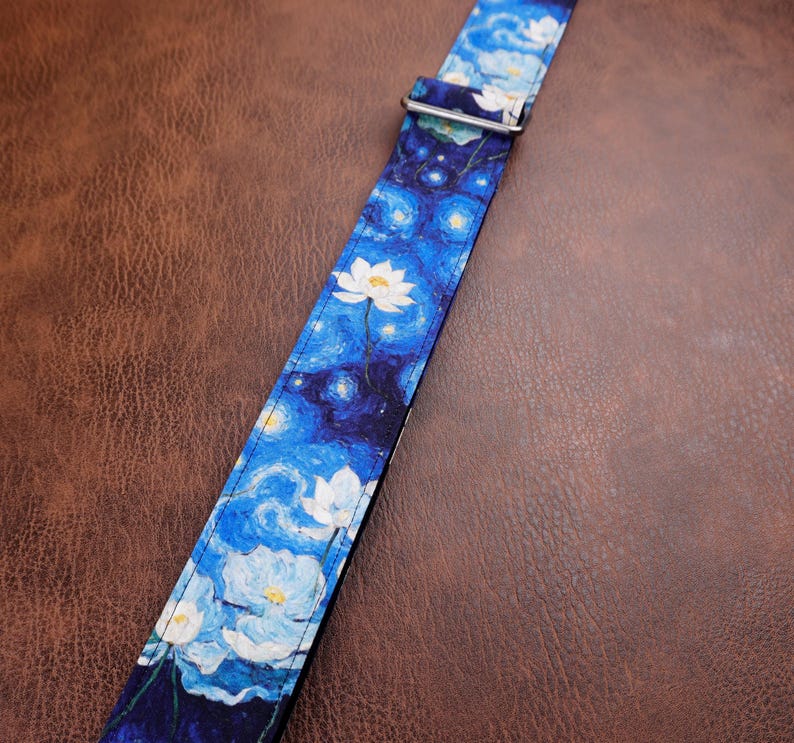 Personalized floral garden guitar strap, lotus, butterfly,leather ends for acoustic guitar, electric guitar and bass, mothers day gift image 4
