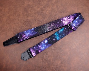 Personalized galaxy guitar strap with leather ends for acoustic guitar, electric, and bass guitar, graduation gift