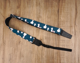 Personalized blue llama ukulele strap with leather ends,