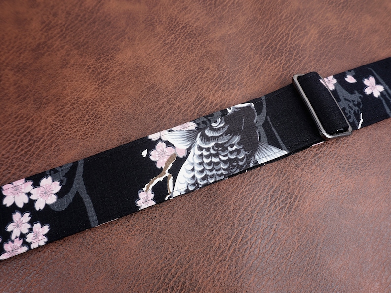 Personalized koi fish and sakura guitar strap with leather ends image 6