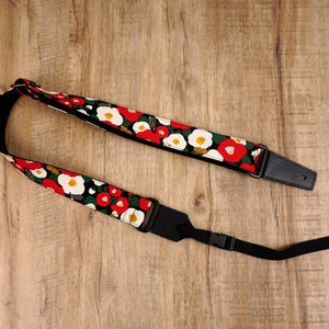 Personalized cat and flower ukulele strap with leather ends, zdjęcie 1