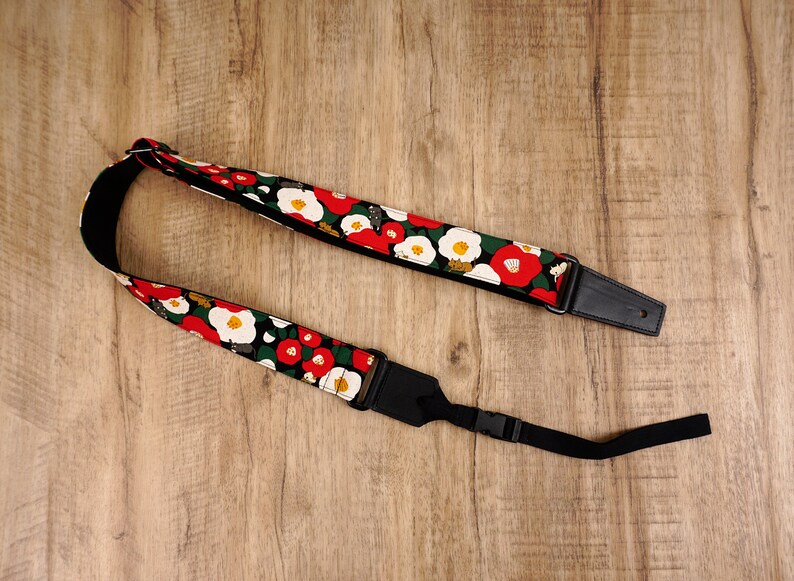 Personalized cat and flower ukulele strap with leather ends, zdjęcie 1