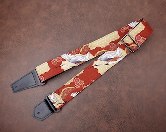 Correa de guitarra personalizada con diseño de grúa voladora con extremos de cuero para guitarra acústica, eléctrica y bajo, regalo de graduación