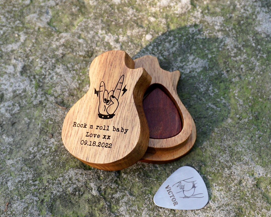 Personalized Rock Hand Sign Guitar Pick Holder, Pick Box, Custom Guitar