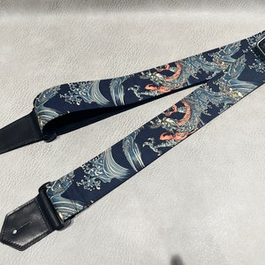 Personalized vintage dragon and waves guitar strap/guitar belt, leather ends, electric guitar, acoustic guitar,, graduation gift