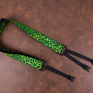 Green leopard print clip on ukulele hook strap with no drill, no button
