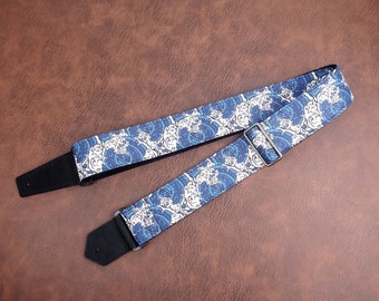 Personalized Wave guitar strap with leather ends for acoustic guitar, electric, and bass guitar, graduation gift