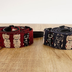 Personalized lucky cat ukulele strap with leather ends | red ukulele strap | blue ukulele strap | cute ukulele strap |
