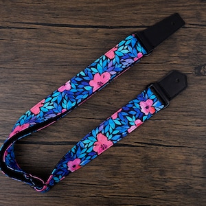 Personalized floral Hawaiian leaf and flower ukulele strap with leather ends,