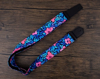 Personalized floral Hawaiian leaf and flower ukulele strap with leather ends,