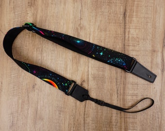 Personalized rainbow moon star ukulele shoulder strap with leather ends,