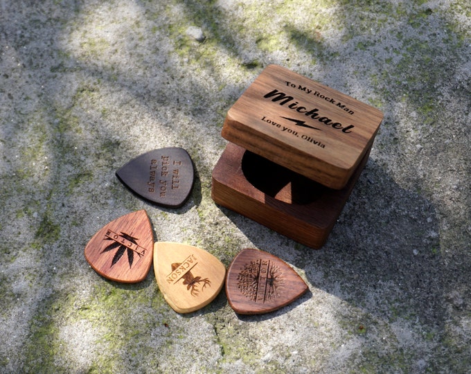 Personalized wood guitar pick & pick holder, pick box, Custom guitar pick case with engraving and inlay, Guitar Pick Kit, Birthday Gift