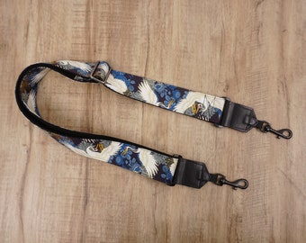 Personalized crane and chrysanthemums banjo strap with leather ends, vintage designs, handmade, purse guitar strap