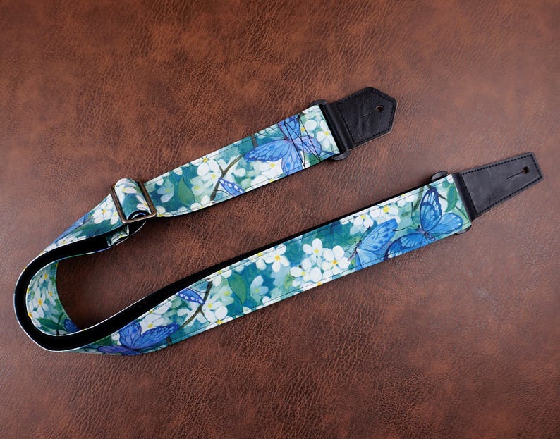 Personalized floral garden guitar strap, lotus, butterfly,leather ends for acoustic guitar, electric guitar and bass, mothers day gift blossom&butterfly