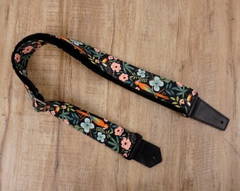 Personalized bird rose guitar strap on black with leather ends,floral guitar strap, mothers day gift