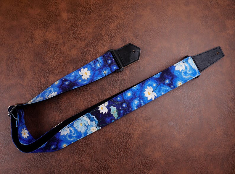 Personalized floral garden guitar strap, lotus, butterfly,leather ends for acoustic guitar, electric guitar and bass, mothers day gift lotus