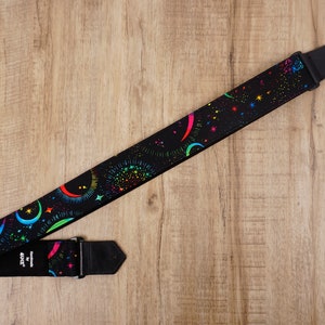 Personalized rainbow moon star guitar strap with leather ends for acoustic guitar, electric, and bass guitar, graduation gift