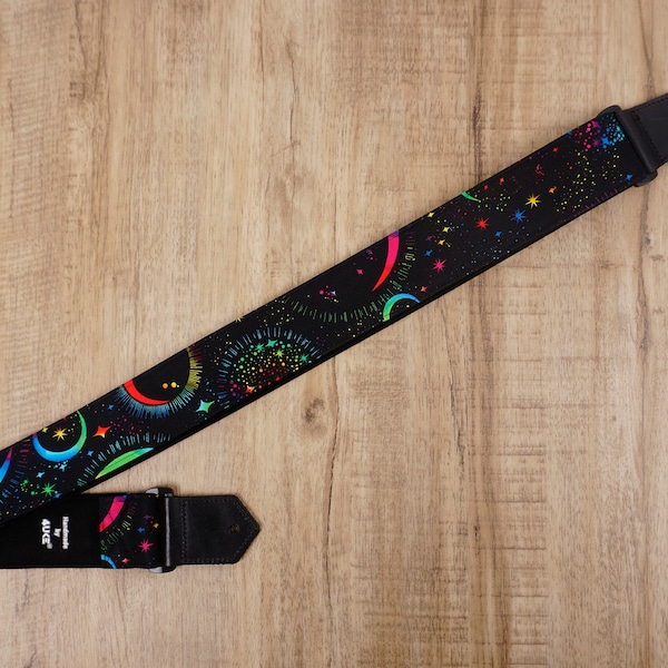 Personalized rainbow moon star guitar strap with leather ends for acoustic guitar, electric, and bass guitar, graduation gift