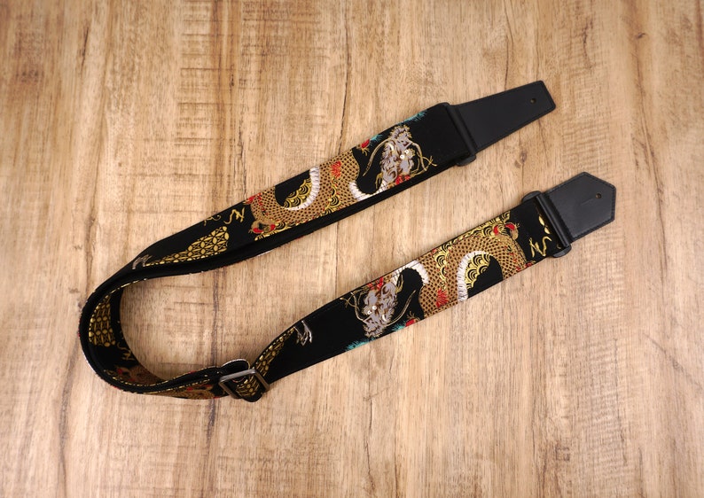 Personalized dragon guitar strap with leather ends for Etsy
