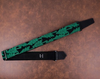 Personalized green trees embroidered guitar strap with leather ends for acoustic guitar, electric guitar and bass guitar