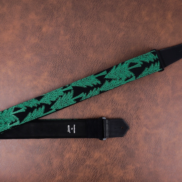 Personalized green trees embroidered guitar strap with leather ends for acoustic guitar, electric guitar and bass guitar