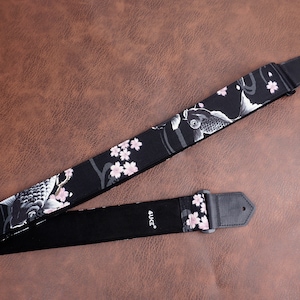 Personalized koi fish and sakura guitar strap with leather ends image 3