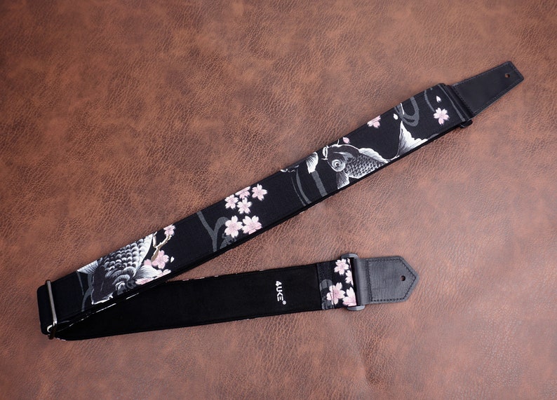 Personalized koi fish and sakura guitar strap with leather ends image 3