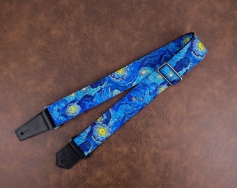 Personalized Van Gogh Starry Night guitar strap with leather ends for acoustic guitar, electric, and bass guitar,