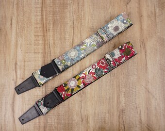 Personalized sunflower guitar strap with leather ends for acoustic guitar, electric and bass guitar,