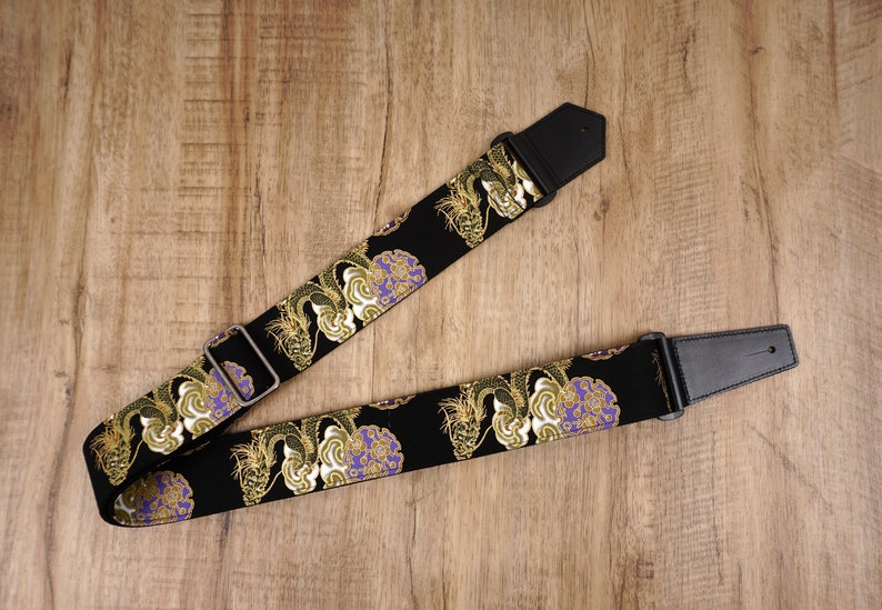 Personalized dragon guitar strap with leather ends for Etsy