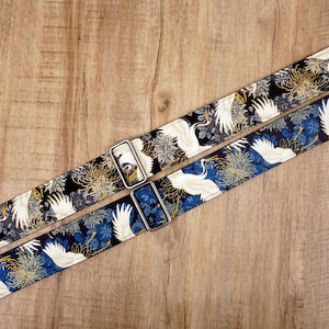 Personalized crane and chrysanthemums guitar strap with leather ends | for acoustic guitar, electric, and bass guitar, graduation gift image 2