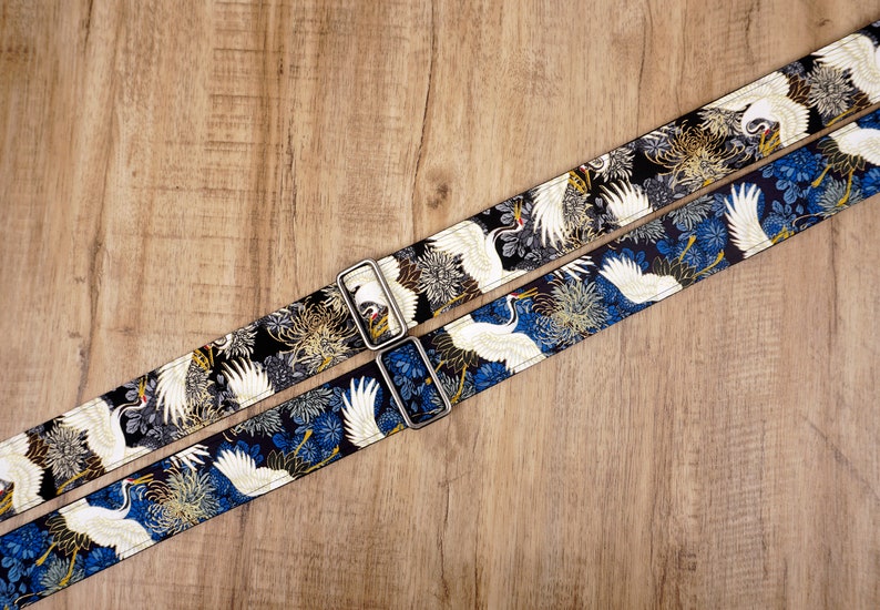 Personalized crane and chrysanthemums guitar strap with leather ends | for acoustic guitar, electric, and bass guitar, graduation gift image 2